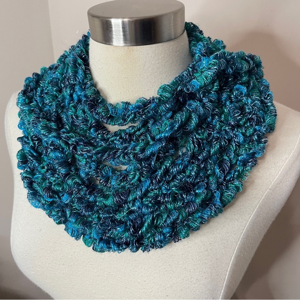 HANDMADE Crochet Infinity Scarf Metallic Turquoise - Picture 2 of 3